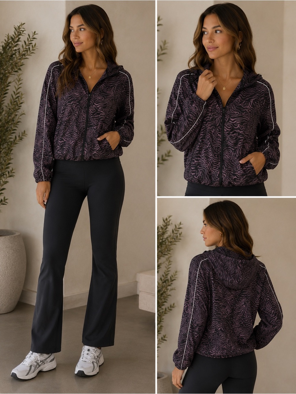 Fabletics Women's Black and Purple Bomber Rain Jacket